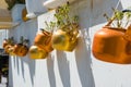 Copper Kettles With Plants Hanging On White Wall