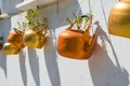 Copper Kettles With Plants Hanging On White Wall