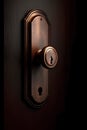 Copper knob with key hole on dark brown wooden door. Closeup, side view Royalty Free Stock Photo
