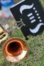 Copper lacquer trumpet with lyre on grass during marching band practice Royalty Free Stock Photo