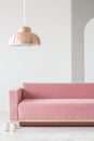 Copper lamp above pink settee in minimal white living room interior. Real photo
