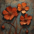 Copper Leaf Oil Painting Of Orange Flowers On Rocks - Peter Gric Style