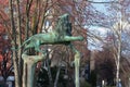 Copper lion statue in a park in Bavarian Quarter Schoneberg Berlin Germany