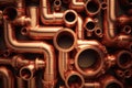 Copper metal pipes and fittings background texture. Created with Generative AI technology Royalty Free Stock Photo