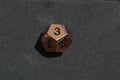 Copper metallic d12 twelve sided dice on foam surface