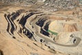 An aerial view of the dikes and terraces at an open pit copper mine.