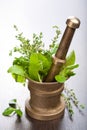 Copper mortar with herbs