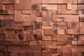 Copper mosaic background. Bronze random wall decoration. Cubic backdrop. Geometric illustration of glossy square shapes.