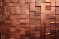 Copper mosaic background. Bronze random wall decoration. Cubic backdrop. Geometric illustration of glossy square shapes.