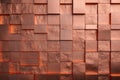 Copper mosaic background. Bronze random wall decoration. Cubic backdrop. Geometric illustration of glossy square shapes.