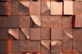 Copper mosaic background. Bronze random wall decoration. Cubic backdrop. Geometric illustration of glossy square shapes.