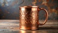 Ornate Copper Mug with Embossed Pattern on a Textured Surface embossed mug patterned mug Royalty Free Stock Photo