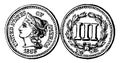 Copper-Nickel Three Cent Coin, 1865 vintage illustration