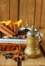 Copper pepper mill and spices for cooking Royalty Free Stock Photo