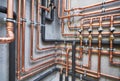 Plumbing service. copper pipeline of a heating system in boiler room Royalty Free Stock Photo