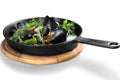 Copper pot of gourmet mussels served on a napkin Royalty Free Stock Photo