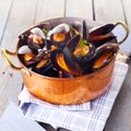 Copper pot of gourmet mussels Royalty Free Stock Photo