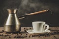 copper pot, hot cup and coffee beans/copper pot, hot cup and coffee beans on a wooden table with dark background. Royalty Free Stock Photo