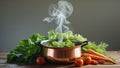Copper Pot with Steam and Fresh Vegetables on Wooden Table Surface Royalty Free Stock Photo
