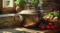 Copper pot on table with fresh vegetables Royalty Free Stock Photo