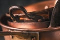 Copper pots and pans close-up Royalty Free Stock Photo
