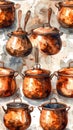 Copper Pots Watercolor Pattern - Kitchenware Art for Culinary Enthusiasts Royalty Free Stock Photo