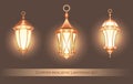 Copper realistic lanterns set. Three isolated vector illustrations on brown background