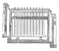 Copper refining electro deposition bath, Longitudinal section, vintage engraving