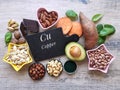 Copper rich food with chemical symbol Cu. Natural food sources of copper for good health, immune system, anemia Royalty Free Stock Photo