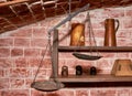 Copper scales with weights and shelves in old store. retro vintage background