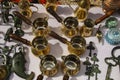 Copper sets for making turkish coffee, ancient keys and locks in Royalty Free Stock Photo