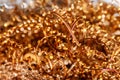 Copper shavings. Copper processing on CNC machines in production.