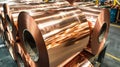 Copper Sheet Metal Rolls in Warehouse Storage Royalty Free Stock Photo