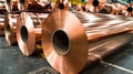 Copper Sheet Metal Rolls in Warehouse Storage Royalty Free Stock Photo