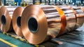 Copper Sheet Metal Rolls in Warehouse Storage Royalty Free Stock Photo