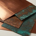 Copper sheets displaying varying degrees of oxidation and patina lie stacked. Some Royalty Free Stock Photo