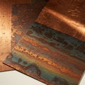 Copper sheets with vibrant patinas display an array of colors, including deep blues, Royalty Free Stock Photo