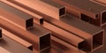 Copper square profiles stack or heap frame filling background  metal manufactoring or product concept Royalty Free Stock Photo