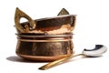 copper and stainless serving dishes (indian handi, karahi pots) white background (spoon, bowl handles) stacked