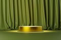 Copper stand or pedestal on a green floor and a green curtain in the background