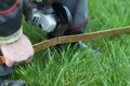 Copper strip cut tool. Process, action, work by hand