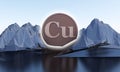 Copper symbol in shape of coin in abstract mountains