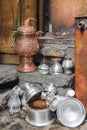 Copper and tin tea urns at a market in Srinagar