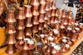 Turkish coffee pots called cezve sold at Bascarsija, the central market of Sarajevo, Bosnia and Herzegovina Royalty Free Stock Photo