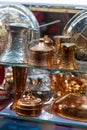 Turkish coffee pots called cezve sold at Bascarsija, the central market of Sarajevo, Bosnia and Herzegovina Royalty Free Stock Photo