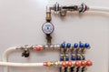 Copper valves, stainless ball valves, detector of water and plastic pipes of central heating system and water pipes Royalty Free Stock Photo