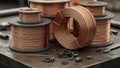 Copper Wire Spools on Industrial Workbench Royalty Free Stock Photo