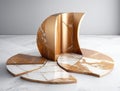 Coppery curved stain on marble tiles. Podium, empty showcase for packaging product presentation, AI generation