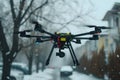 copter drone over street at winter day