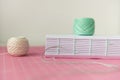Coptic binding process. Book binding. Thread and pages. Copy space, close up, side view Royalty Free Stock Photo
